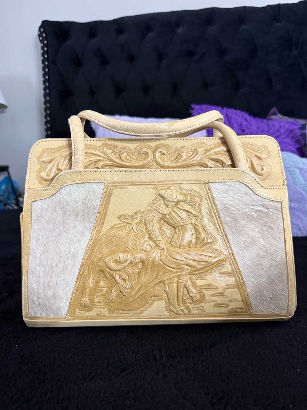 Vintage 1970s Hand Tooled Leather Calf Hair Aztec Mexican Handbag Cream